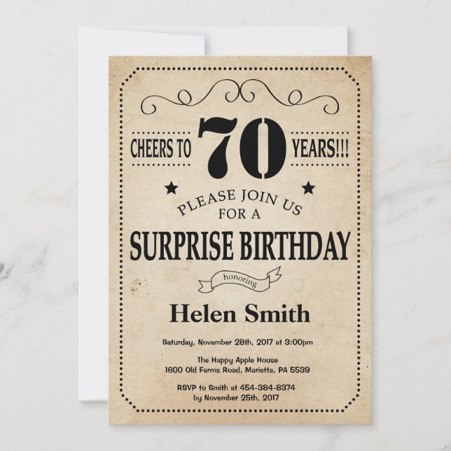 Surprise 70th Birthday Rustic Vintage Retro Invitation (Front)
