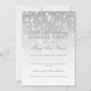 Surprise 70th Birthday Silver Bokeh Sparkle Lights Invitation