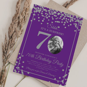 SURPRISE 70th Birthday Silver Confetti Purple  Invitation
