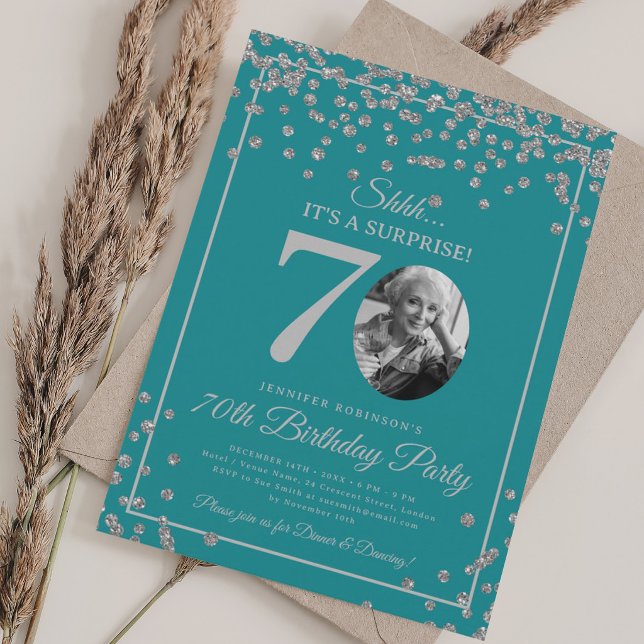 SURPRISE 70th Birthday Silver Confetti Turquoise  Invitation (SURPRISE 70th Birthday Silver Confetti Turquoise Invitation)