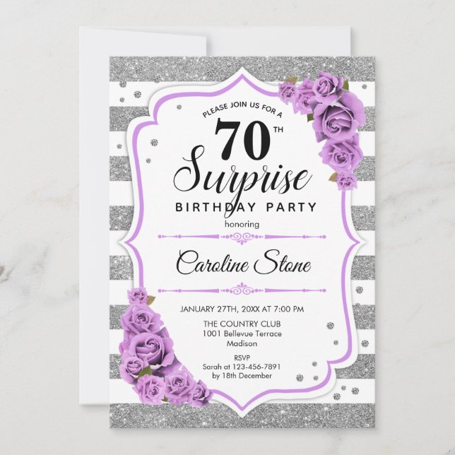 Surprise 70th Birthday - Silver White Purple Invitation (Front)