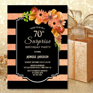 Surprise 70th Birthday Striped Coral Floral Invitation