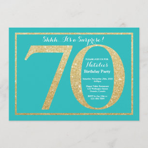 Surprise 70th Birthday Teal and Gold Glitter Invitation