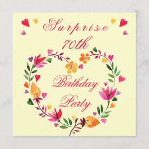 Surprise 70th Birthday Watercolor Floral Heart Invitation
