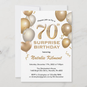 Surprise 70th Birthday White and Gold Balloons Invitation