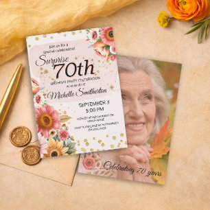 Surprise 70th Blush Peach Floral Gold Photo Invitation