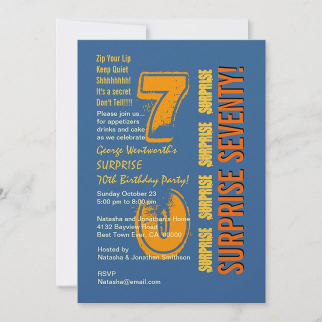 SURPRISE 70th Modern Birthday Blue Gold Yellow Invitation (Front)