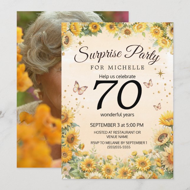 Surprise 70th Sunflowers Butterflies Invitation (Front/Back)