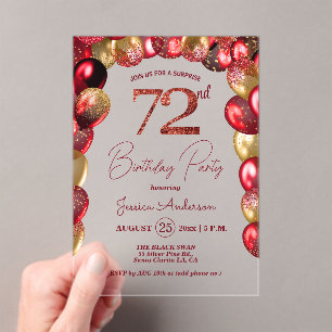 Surprise 72nd Birthday Party Gold Burgundy Glitter Acrylic Invitations