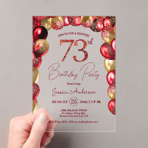 Surprise 73rd Birthday Party Gold Burgundy Glitter Acrylic Invitations