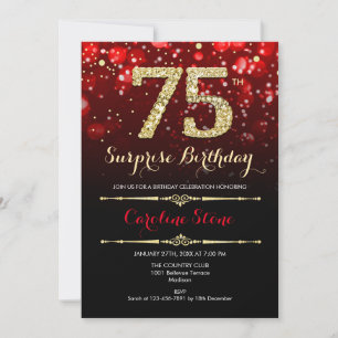 Surprise 75th Birthday - Black Red Gold Invitation