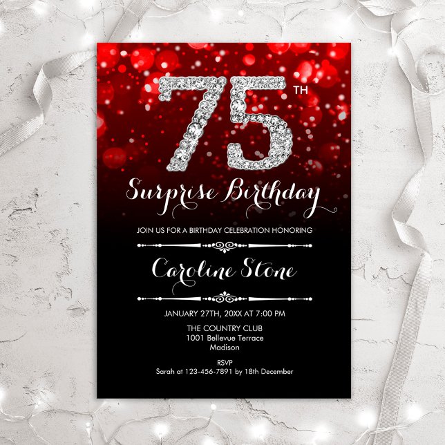 Surprise 75th Birthday - Black Red Silver Invitation (Creator Uploaded)