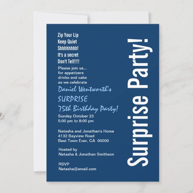 SURPRISE 75th Birthday Modern Navy Blue White Invitation (Front)