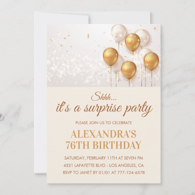 Surprise 76th birthday invitations Gold modern (Front)