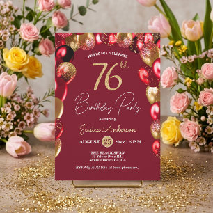 Surprise 76th Birthday Party Gold Burgundy Glitter Invitation