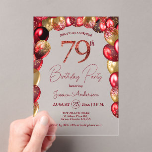 Surprise 79th Birthday Party Gold Burgundy Glitter Acrylic Invitations