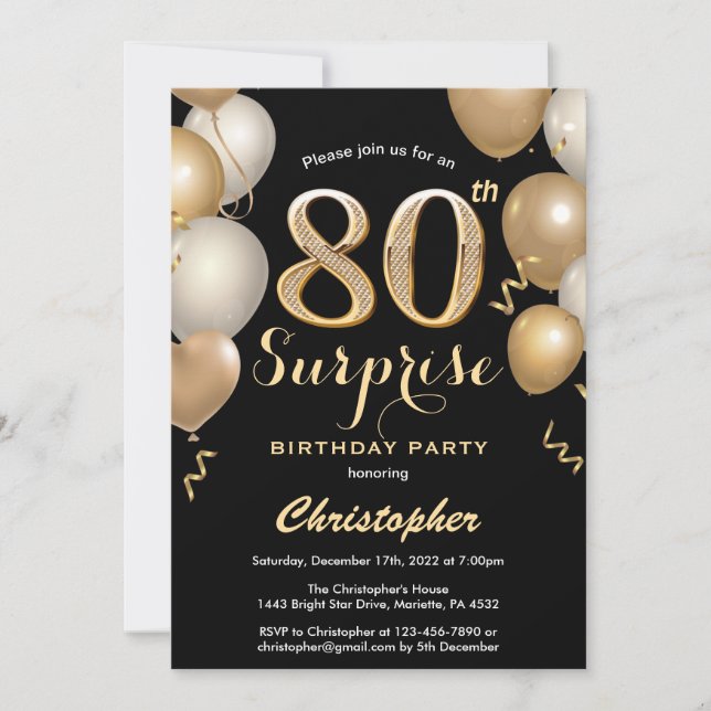 Surprise 80th Birthday Black and Gold Balloons Invitation (Front)