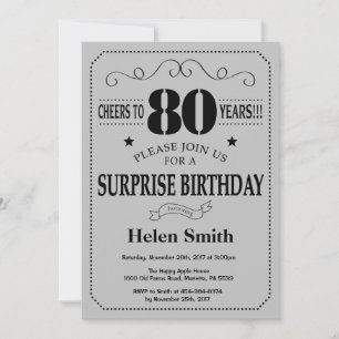 Surprise 80th Birthday Black and Silver Grey Invitation