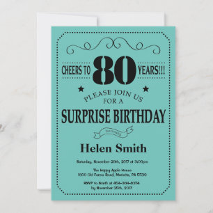 Surprise 80th Birthday Black and Teal Invitation