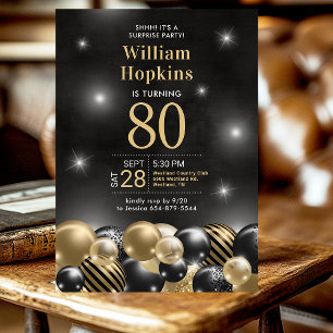 Surprise 80th Birthday Black Gold Balloons Party Invitation