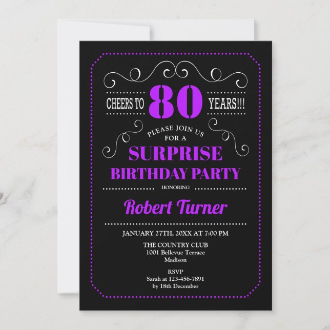 Surprise 80th Birthday - Black Purple Invitation (Front)