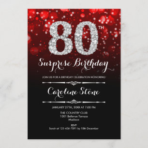 Surprise 80th Birthday - Black Red Silver Invitation
