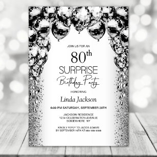 Surprise 80th Birthday Black White Balloons Party Invitation