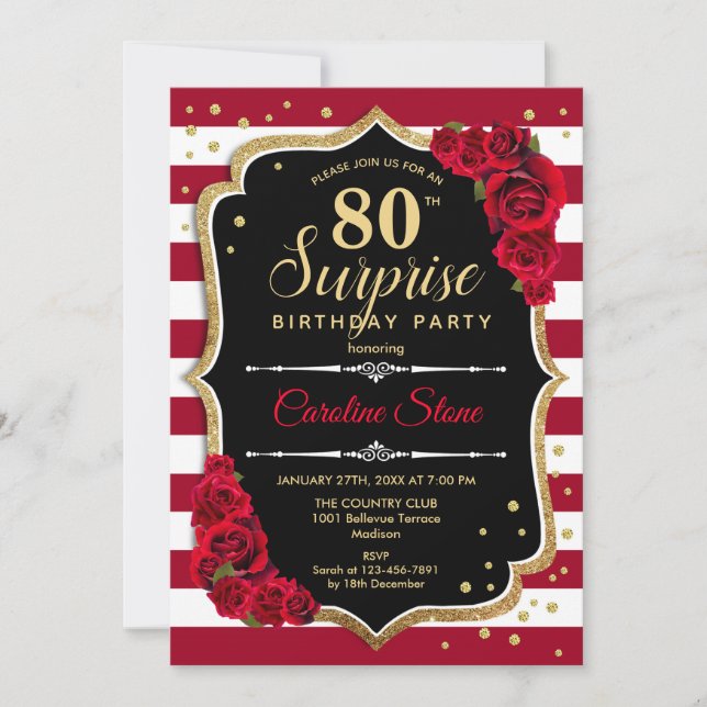 Surprise 80th Birthday - Black White Red Invitation (Front)