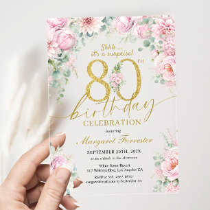 Surprise 80th Birthday Blush Gold Floral Elegant Acrylic Invitations