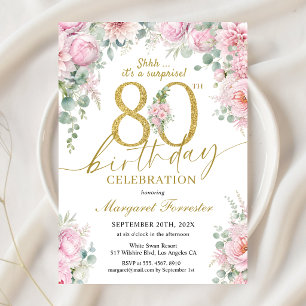 Surprise 80th Birthday Blush Gold Floral Elegant Invitation