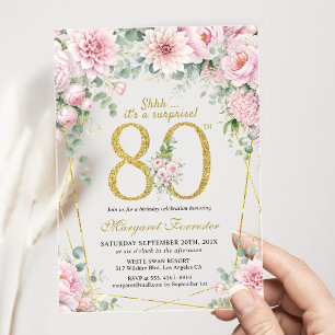 Surprise 80th Birthday Blush Pink Gold Floral Acrylic Invitations