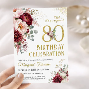 Surprise 80th Birthday Burgundy Floral Elegant Invitation