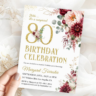 Surprise 80th Birthday Burgundy Gold Blush Floral Invitation