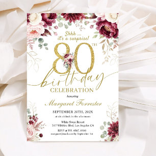 Surprise 80th Birthday Burgundy Rose Floral Gold Invitation