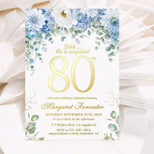 Surprise 80th Birthday Dusty Blue Floral Real Gold