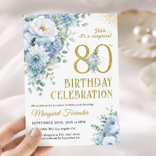 Surprise 80th Birthday Dusty Blue Gold Floral Invitation