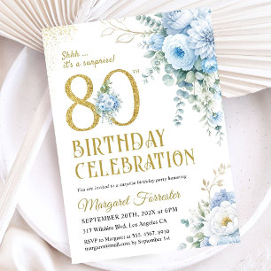 Surprise 80th Birthday Dusty Blue Gold Glitter Invitation