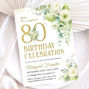 Surprise 80th Birthday Elegant Floral Gold Glitter Invitation