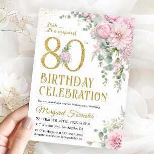 Surprise 80th Birthday Floral Blush Pink & Gold Invitation