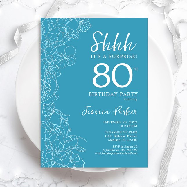 Surprise 80th Birthday - Floral Light Blue Invitation (Creator Uploaded)