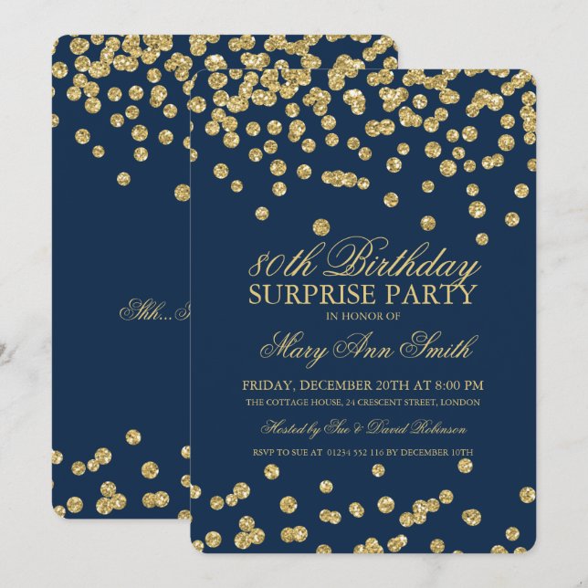 Surprise 80th Birthday Gold Glitter Navy Blue Invitation (Front/Back)