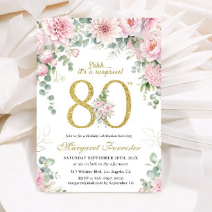Surprise 80th Birthday Gold Glitter Pink Floral Invitation