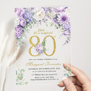 Surprise 80th Birthday Gold Glitter Purple Floral Acrylic Invitations