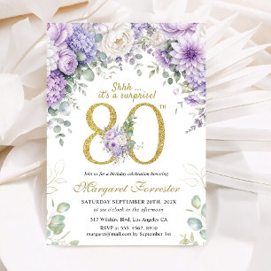 Surprise 80th Birthday Gold Glitter Purple Floral Invitation
