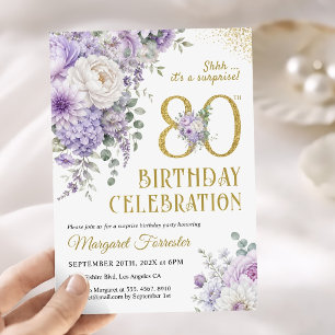Surprise 80th Birthday Gold Purple Floral Elegant Invitation