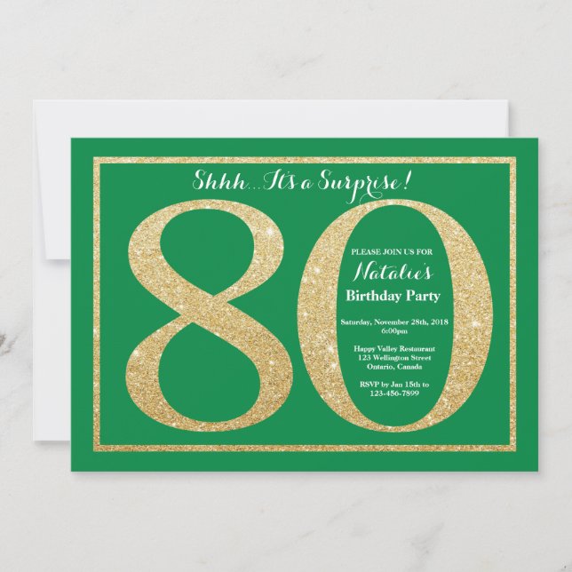 Surprise 80th Birthday Green and Gold Glitter Invitation (Front)