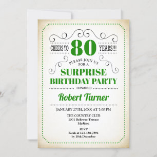 Surprise 80th Birthday - Green White Black Invitation