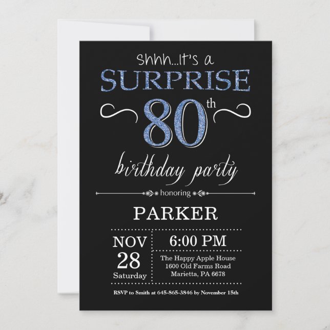 Surprise 80th Birthday Invitation Black and Blue (Front)