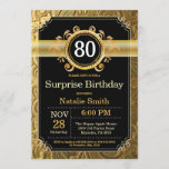 Surprise 80th Birthday Invitation Black and Gold<br><div class="desc">Surprise 80th Birthday Invitation with Black and Gold Glitter Background. Adult Birthday. Male Men or Women Birthday. Kids Boy or Girl Lady Teen Teenage Bday Invite. 13th 15th 16th 18th 20th 21st 30th 40th 50th 60th 70th 80th 90th 100th. Any Age. For further customisation, please click the "Customise it" button...</div>