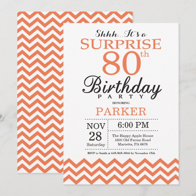 Surprise 80th Birthday Invitation Coral Chevron (Front/Back)